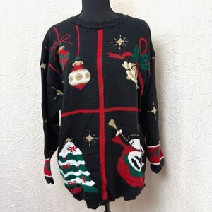 Vintage Holiday Time Paneled Christmas Sweater Medium Black Tree Angel Bell